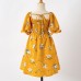 Sweet Flower Print Square Neck Puff Sleeve Yellow Mom Girl Matching Dress