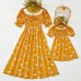 Sweet Flower Print Square Neck Puff Sleeve Yellow Mom Girl Matching Dress