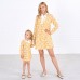 Sweet Long Sleeved Yellow Plaid and Flower Print Mom Girl Matching Dress