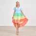 Sweet Color Block Short Sleeve Mom Girl Matching Dress - 1305