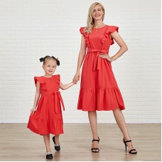 Cotton Solid Color Midi Mom Girl Matching Dress - 1362