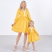 Sweet V-neck Long Sleeved Lace Stitching Yellow Mom Girl Matching Dress - 1397