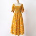 Sweet Flower Print Square Neck Puff Sleeve Yellow Mom Girl Matching Dress