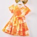 Sweet Orange Tie-Dye V-Neck Short Sleeve Mom Girl Matching Dress - 13109