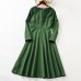 Elegant Golden Ribbon Green Long-sleeved Mom Girl Matching Dress - 13168