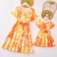 Sweet Orange Tie-Dye V-Neck Short Sleeve Mom Girl Matching Dress - 13109