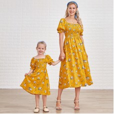 Sweet Flower Print Square Neck Puff Sleeve Yellow Mom Girl Matching Dress