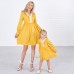 Sweet V-neck Long Sleeved Lace Stitching Yellow Mom Girl Matching Dress - 1397