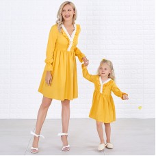 Sweet V-neck Long Sleeved Lace Stitching Yellow Mom Girl Matching Dress - 1397