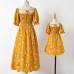 Sweet Flower Print Square Neck Puff Sleeve Yellow Mom Girl Matching Dress