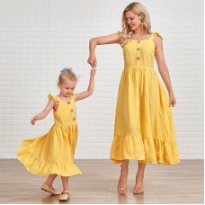 Sweet Yellow Ruffled Mom Girl Matching Dress - 1319