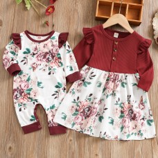 【0M-7Y】Girls Sweet Floral Print Red Dress And Romper ( Sold Separately ) - 33266