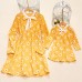 Sweet Long Sleeved Yellow Plaid and Flower Print Mom Girl Matching Dress