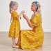 Sweet Flower Print Square Neck Puff Sleeve Yellow Mom Girl Matching Dress