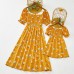 Sweet Flower Print Square Neck Puff Sleeve Yellow Mom Girl Matching Dress