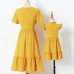 Sweet Yellow Jacquard Lace Short Sleeve Mom Girl Matching Dress