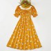 Sweet Flower Print Square Neck Puff Sleeve Yellow Mom Girl Matching Dress