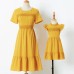 Sweet Yellow Jacquard Lace Short Sleeve Mom Girl Matching Dress