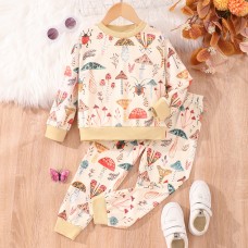 【2Y-7Y】2-piece Kids Cute Colorful Dinosaur Animal Plant Print Round Neck Sweatshirt And Pants Set