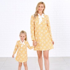 Sweet Long Sleeved Yellow Plaid and Flower Print Mom Girl Matching Dress