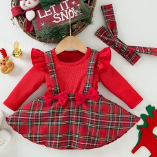 【3M-24M】2-piece Baby Girl Christmas Plaid Long Sleeve Romper With Hairband