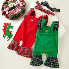 【3M-24M】2-piece Baby Girl Corduroy Christmas Plaid Jumpsuit With Hairband